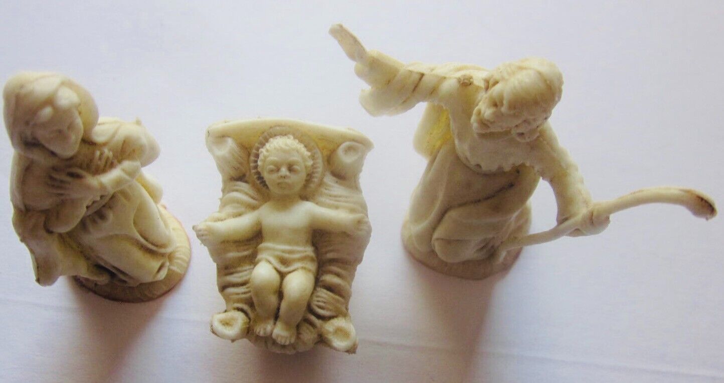 NATIVTY SCENE FIGURES: Mary, Jesus, Joseph molded in Ivory Color Hard Rubber.