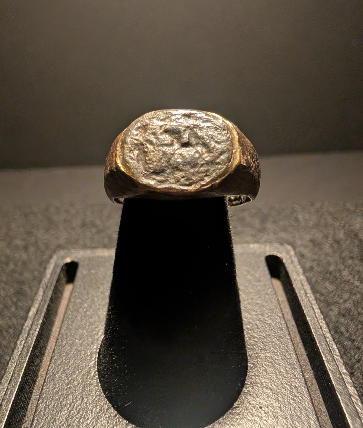 Ancient Roman Bronze Signet Stone Ring w/ Horse Rider + Standing Figure Size 8 Ancient Roman Bronze Signet Stone Ring w/ Horse Rider + Standing Figure Size 8