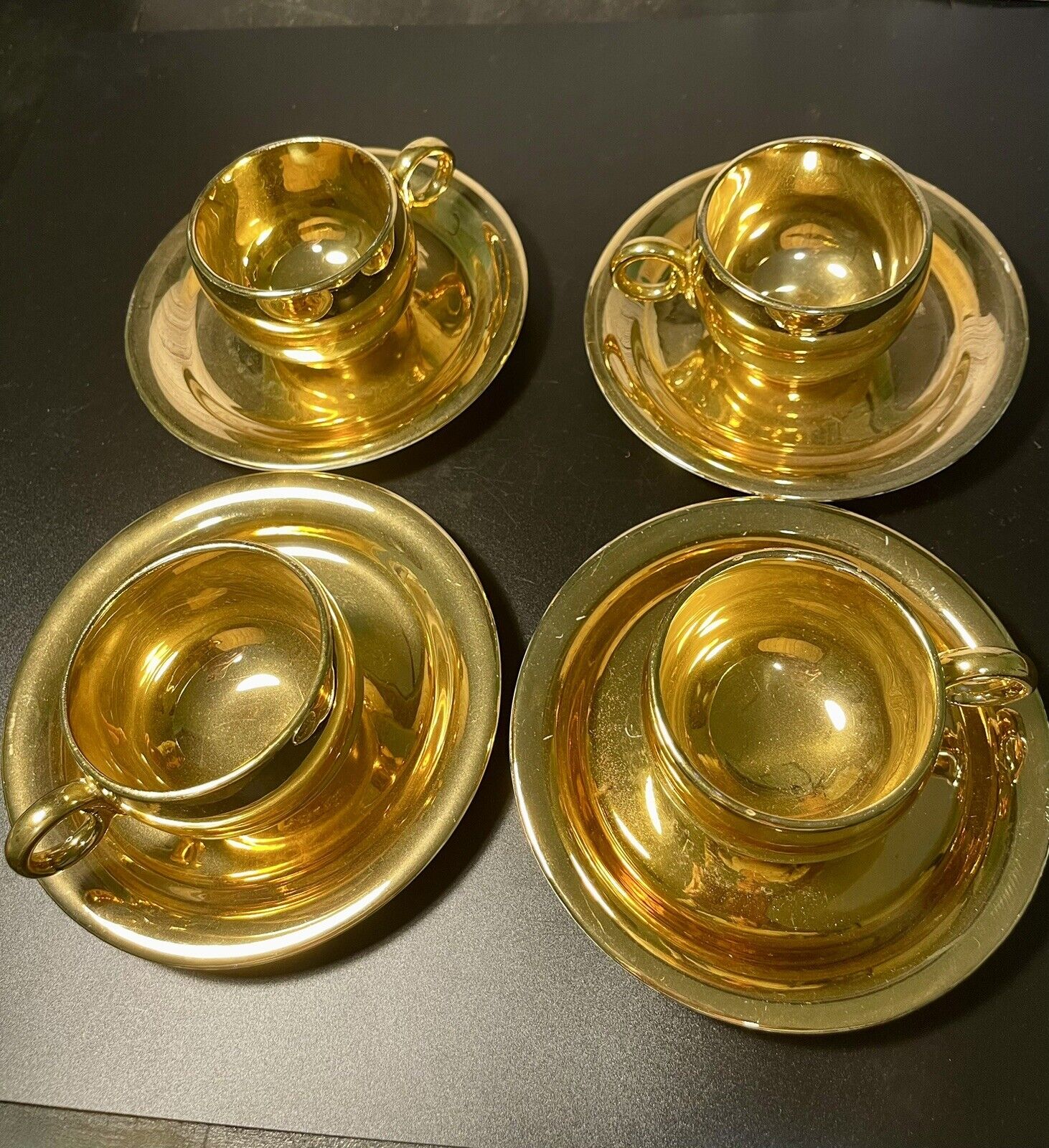 Homer Laughlin USA Vintage 1940’s Eggshell Set Of 4 Gold Demitasse Cup Saucer