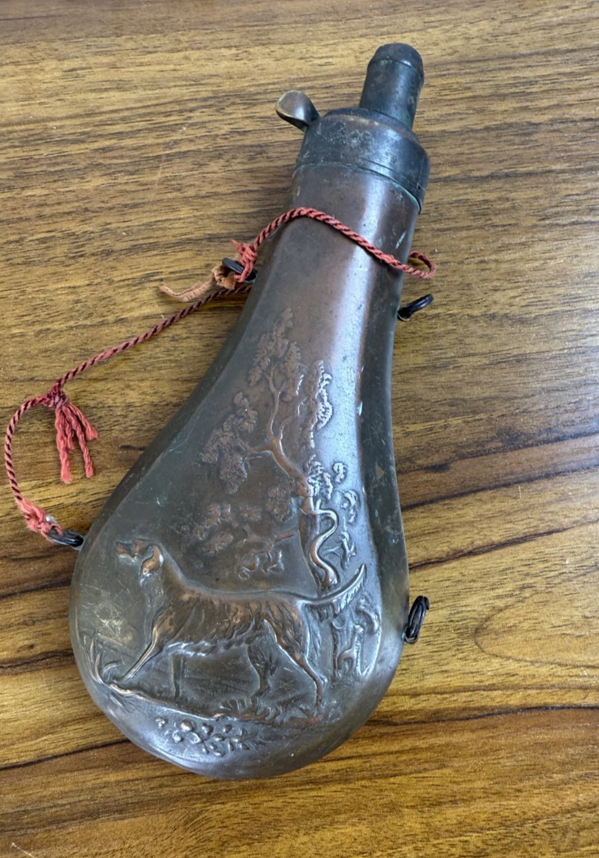 Antique 1850s Copper Powder Flask – Embossed Hunting Dog Scene – Civil War Era