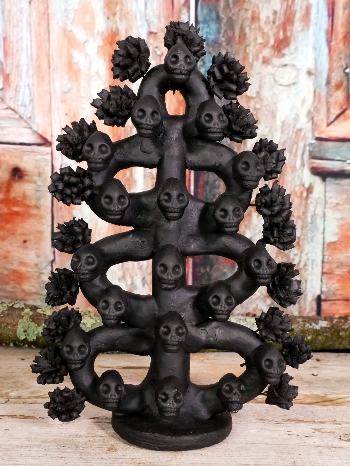 Day of the Dead Skull Tree Clay Painted Black Handmade Michoacan Mexico Folk Art