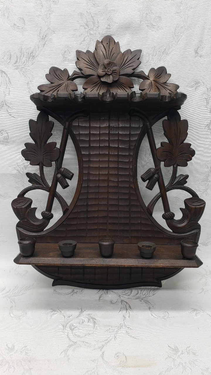 Antique Black Forest Hand-Carved Wood Wall Pipe Rack & Candle Holder 1900\'s