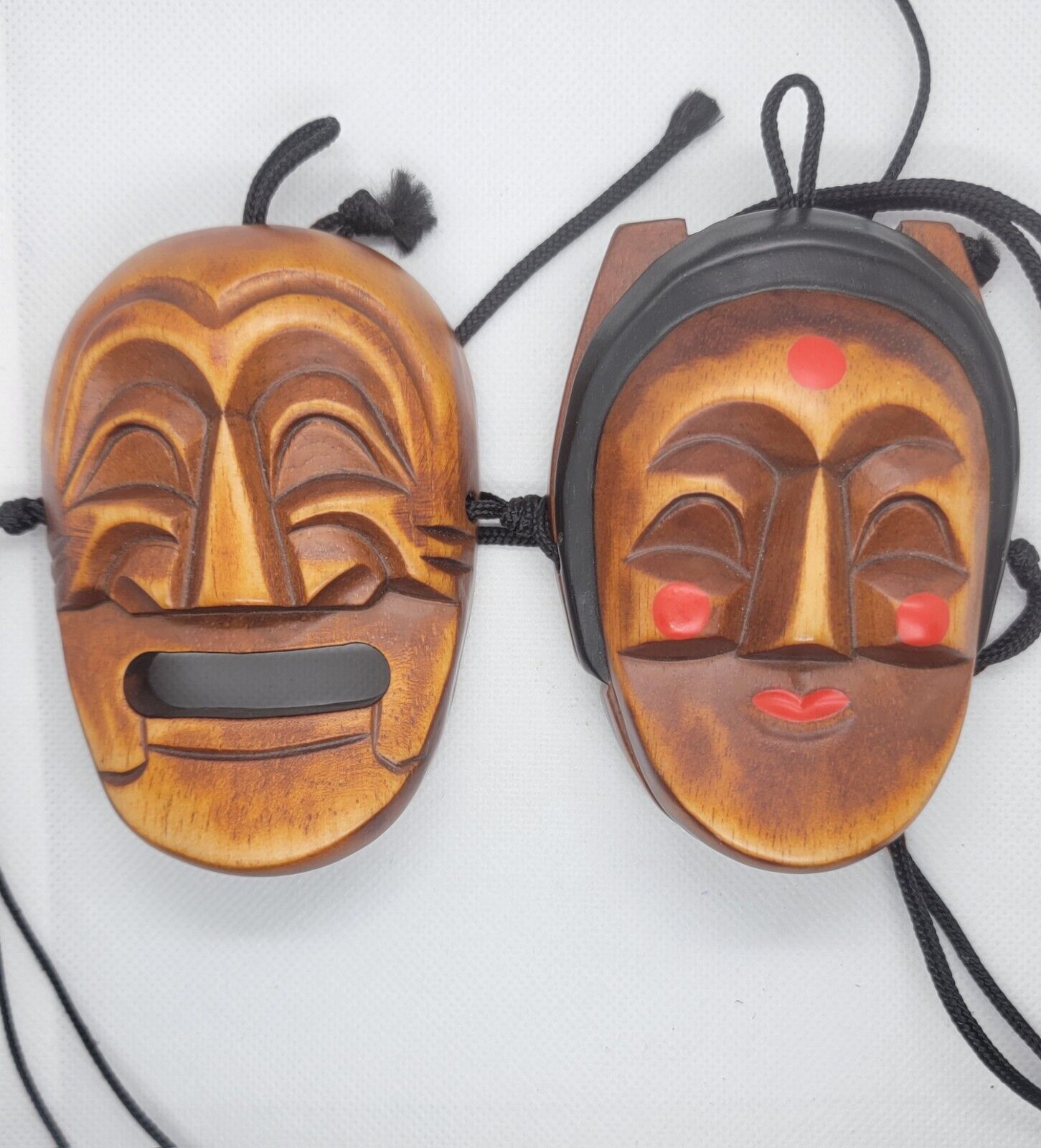 Vintage Pair Of Korean Hahoetal Theater Wooden Handmade Mini Mask Wall Decor