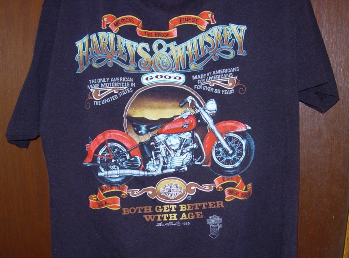 Vintage 1985 Harley Davidson,3D ,Harleys & Whiskey black T Shirt,Medium