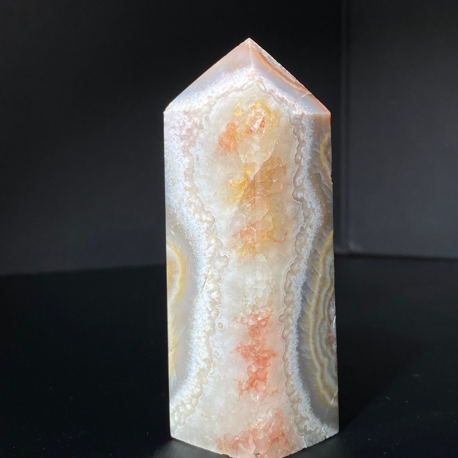 144G Rare  Mexican agate obelisk Shi Ying crystal tower point aura decoration
