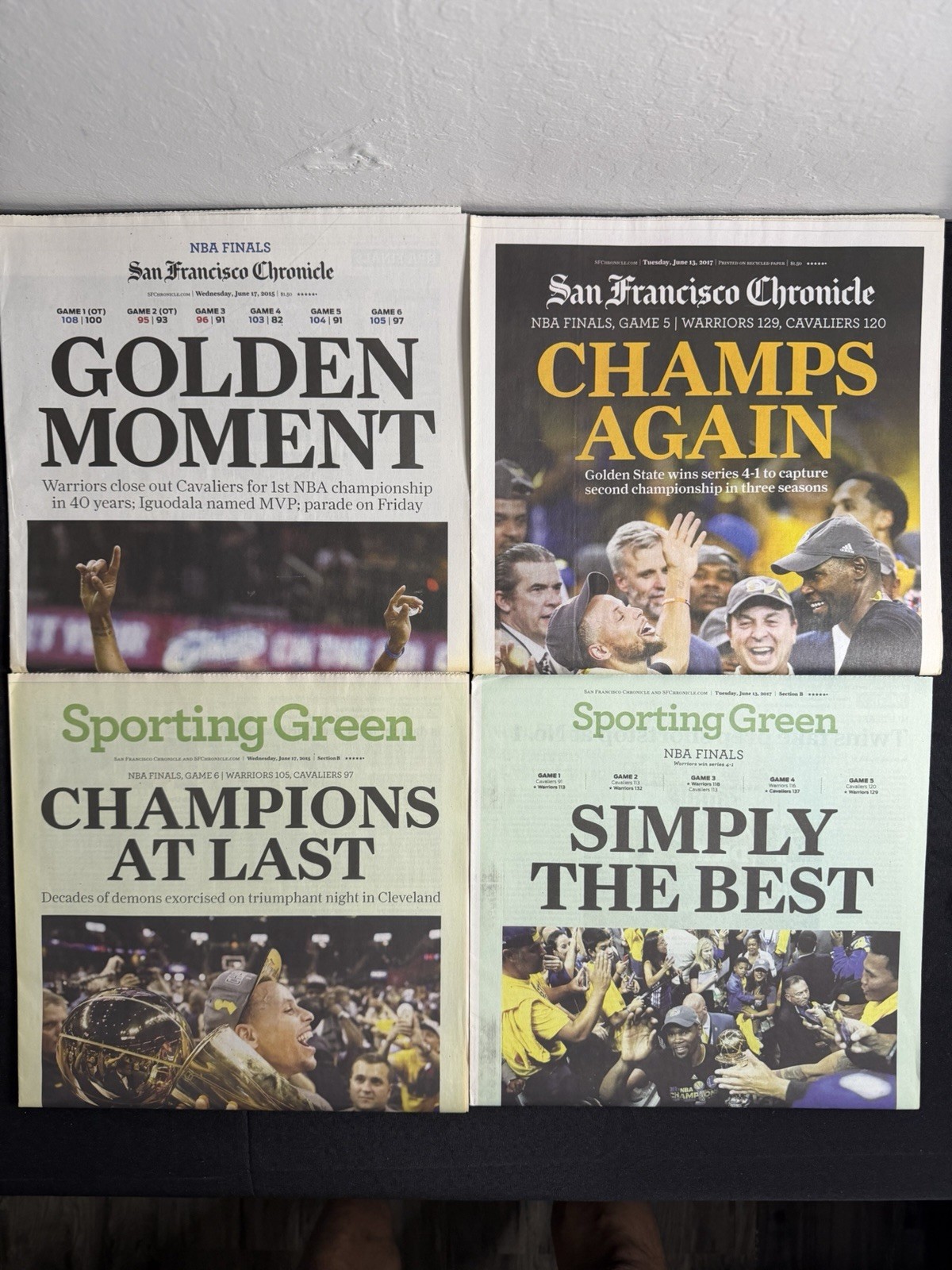 2015 and 2017 Golden State Warriors SF Chronicle NBA Champion Newspapers
