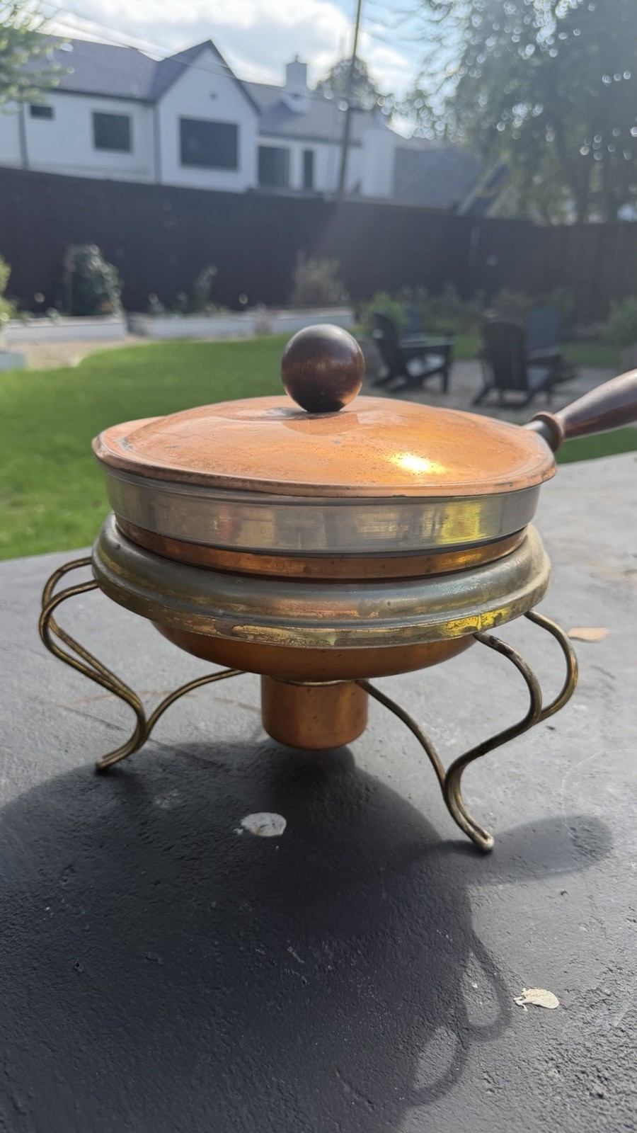 Vtg MCM Daalderop of Holland Brass & Copper Chafing Fondue Set Wood Handle EUC