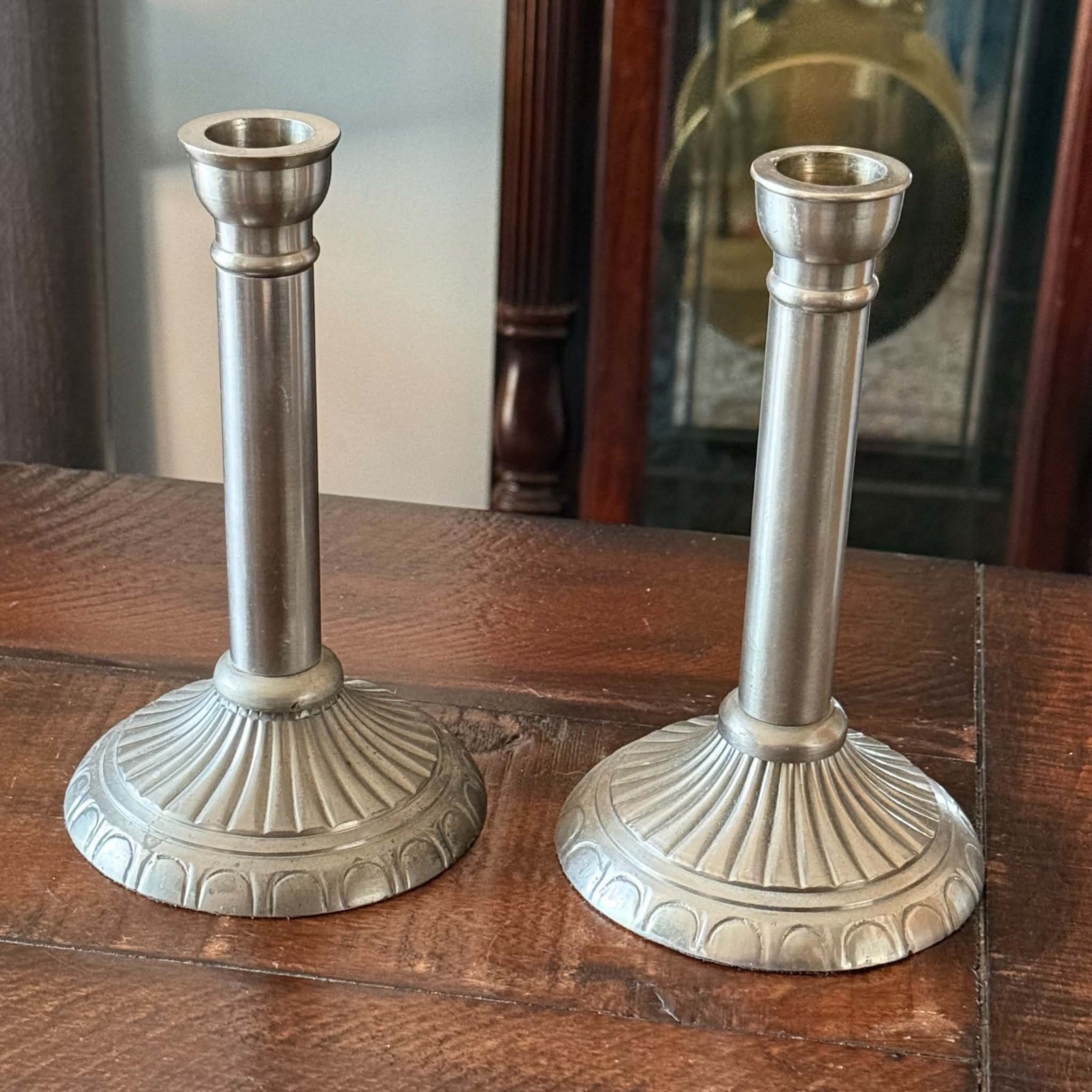 Vintage Pewter Candlestick Holders Pair 7” Fluted Base Taper Candle Sticks Set Vintage Pewter Candlestick Holders Pair 7” Fluted Base Taper Candle Sticks Set