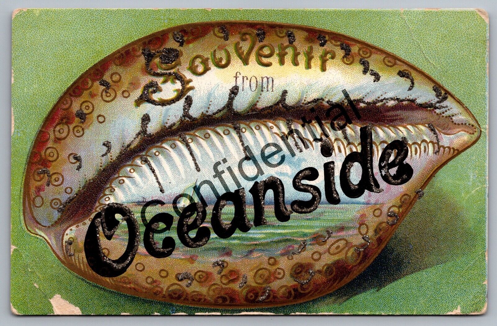 1912 Souvenir From Oceanside CA Conch Shell Glitter Decorated Postcard M60