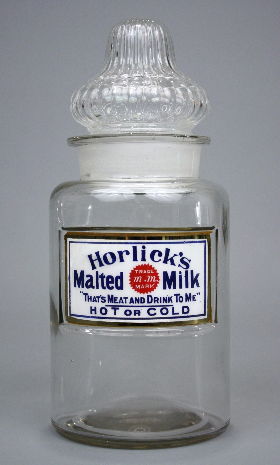 Antique Horlick's Malted Milk Glass Jar w/ Label & Lid, Late 19th-Early 20th C.