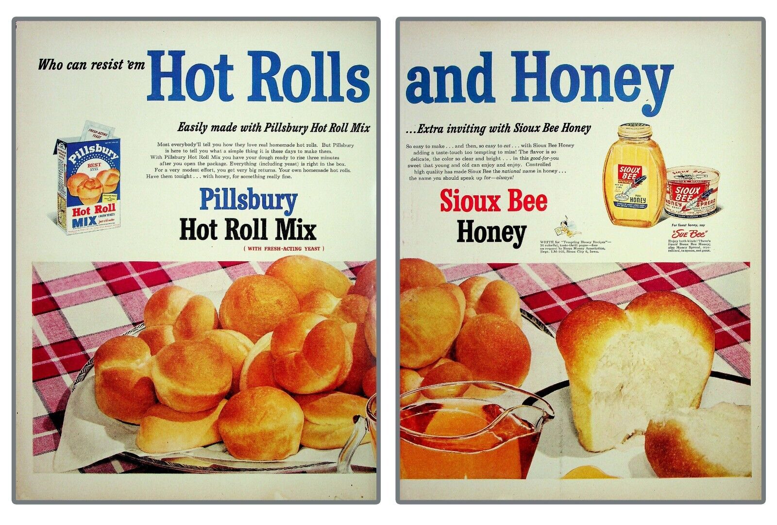 Pillsbury Hot Roll Sioux Bee Hone Wall Art Décor Vintage Print Ad 1952 2 pager