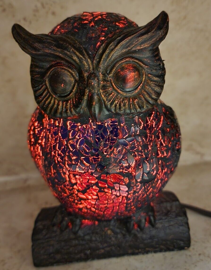 Vintage Mosaic Crackle Glass Night Owl Lamp Decorative Light Resin Base - 6.5\