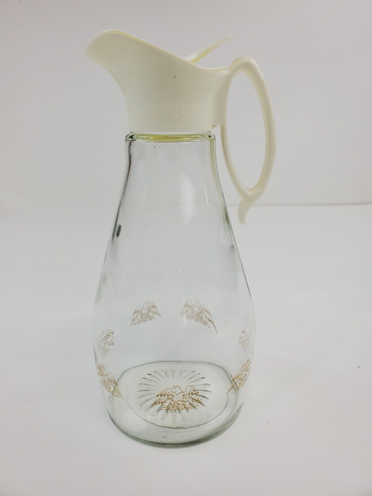 Vintage Clear Glass Carafe` with Eagles and Cream Lid