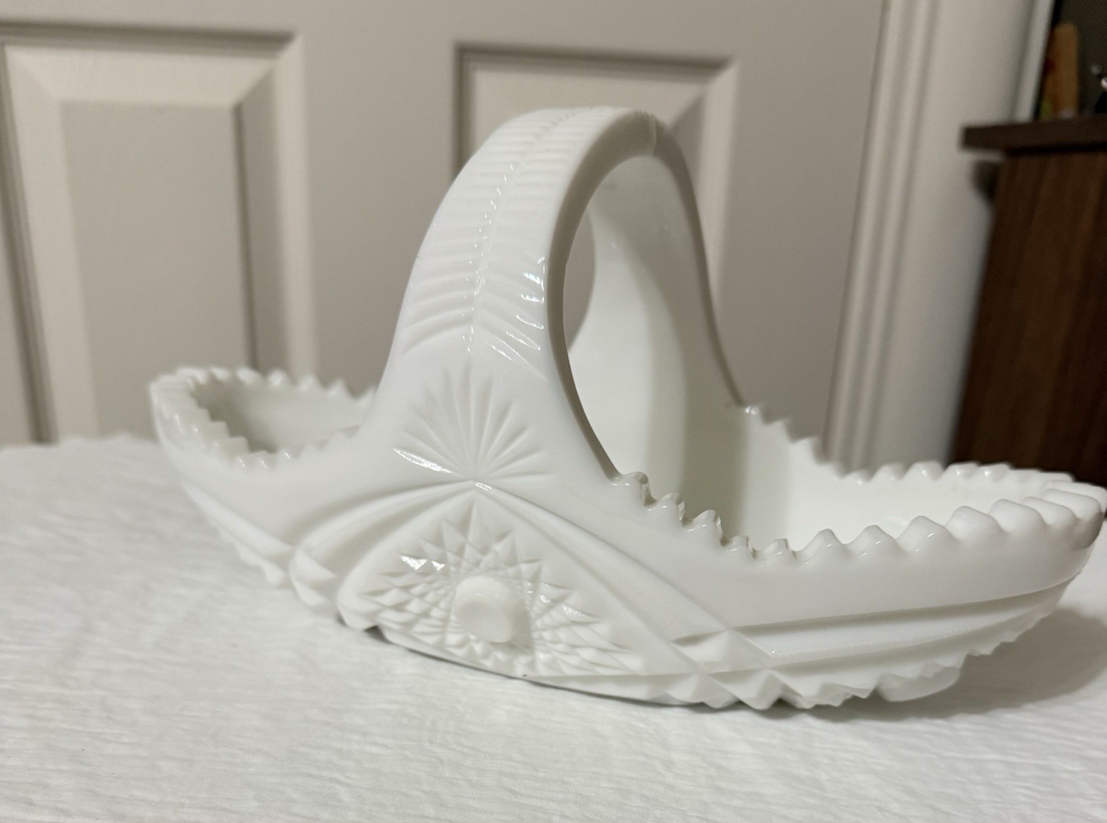 Vintage White Milk Glass Basket, McKee Martec pattern.