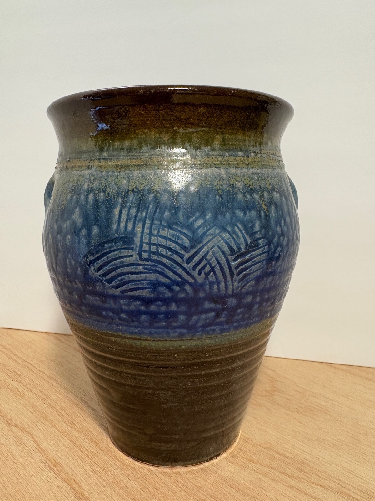 Signed Studio Pottery Vase Glossy Brown n Flat Blue Glaze Arches n Ring Pattern