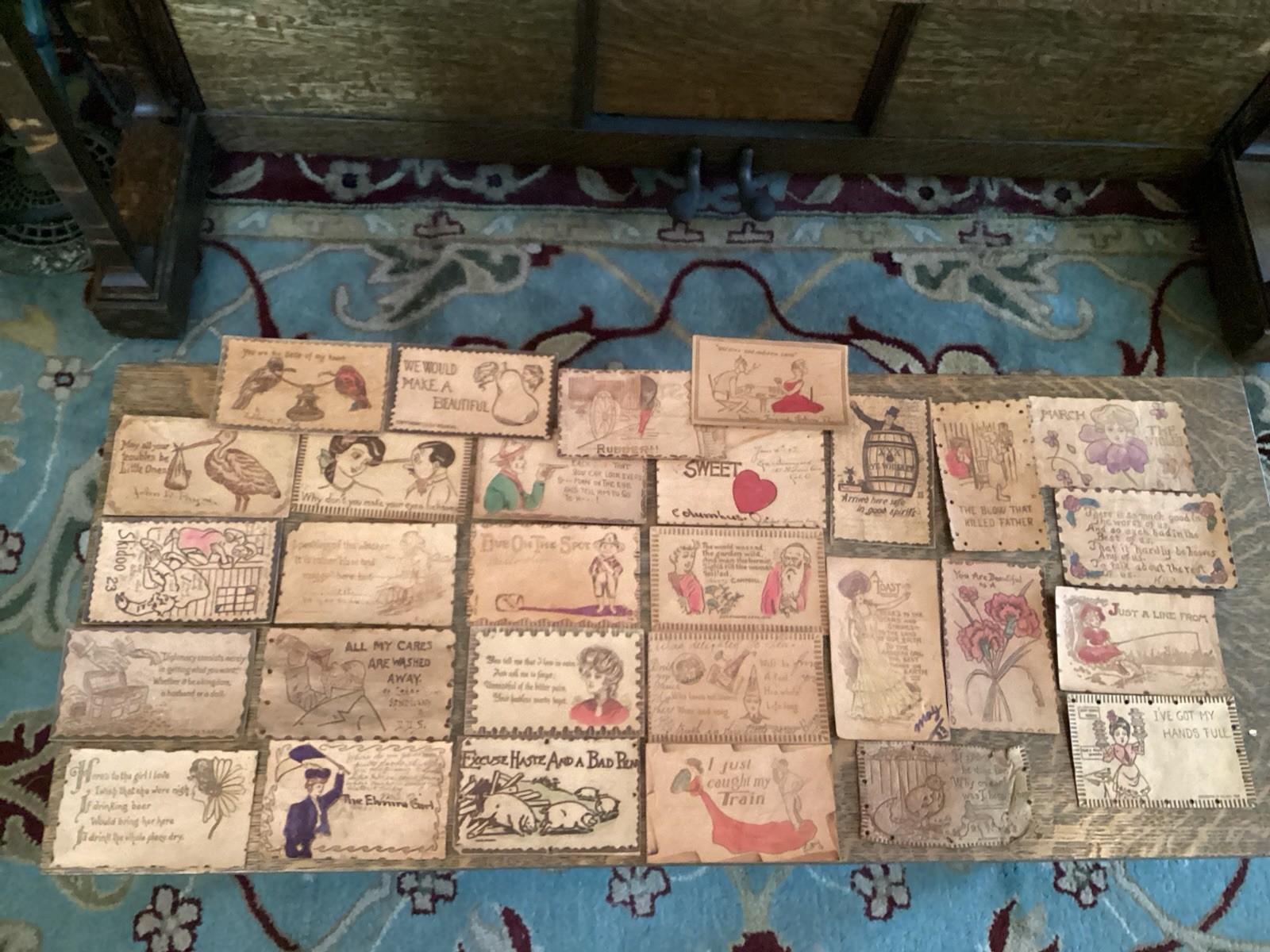 Postcard leather antique lot 29 pyrography novelty 1906 1907 comic romance art