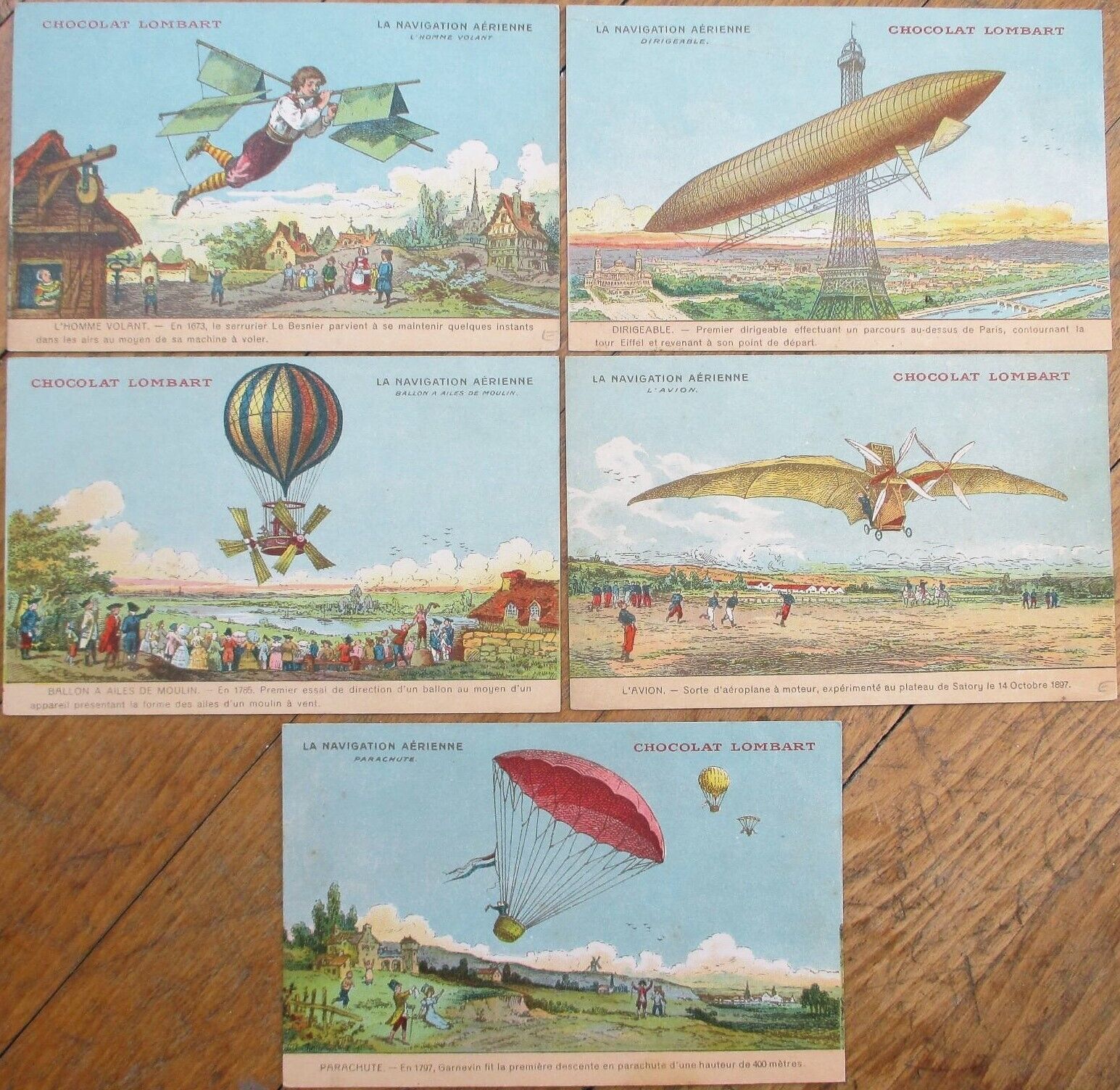 Fantasy Aviation 1910 French Chocolate Advertising Postcard Set Airship Airplane