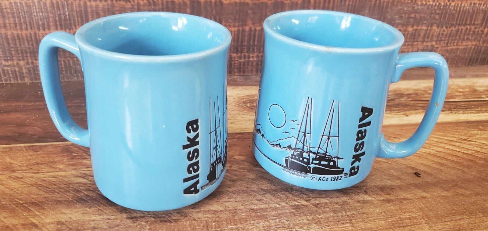 Otagiri Blue ACE 1982 Stoneware Nautical ALASKA Embossed Mug Set of 2 Cups 