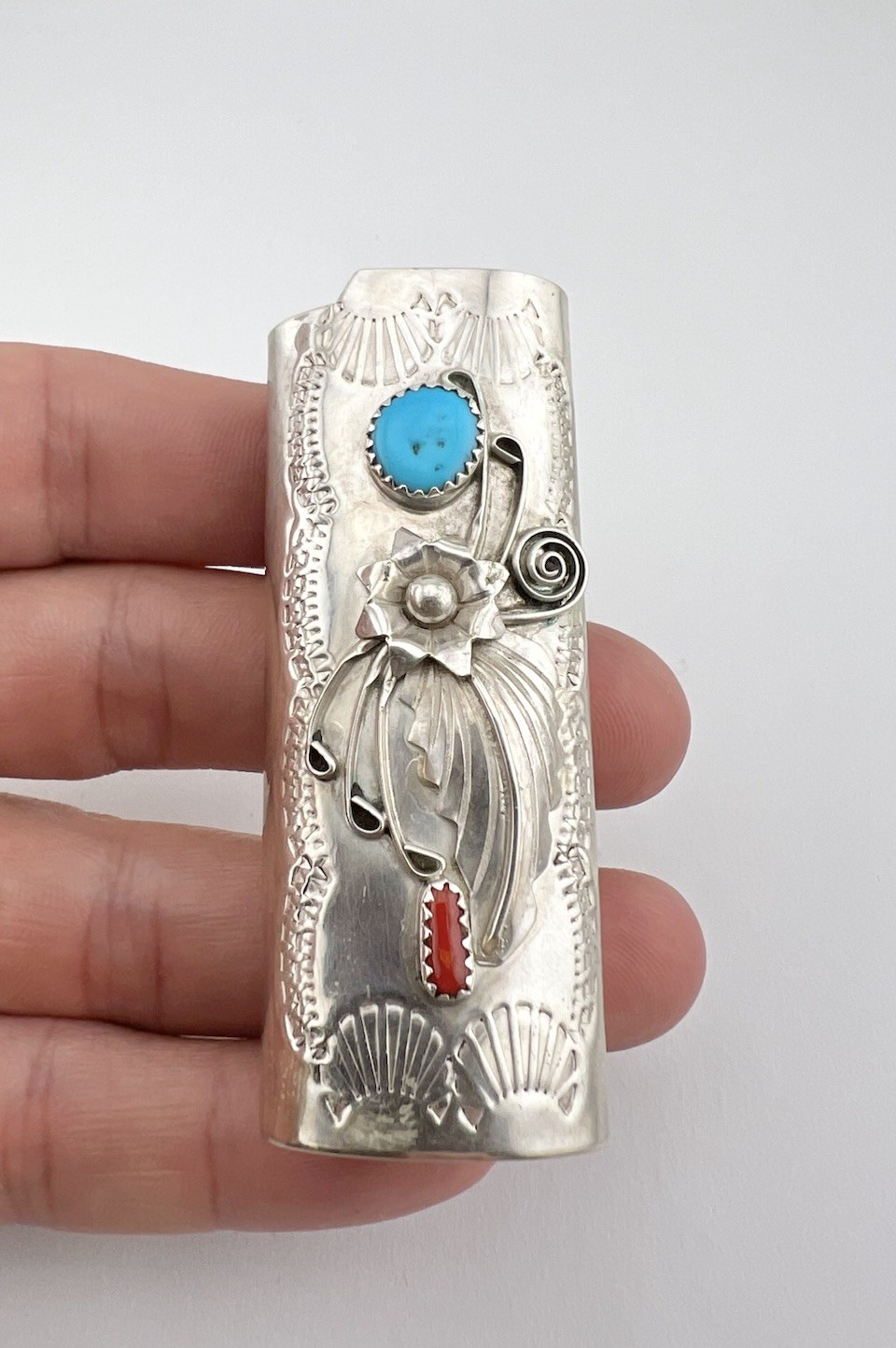 Vtg Navajo Sterling Silver Natural Turquoise & Coral Lighter Case 2.75