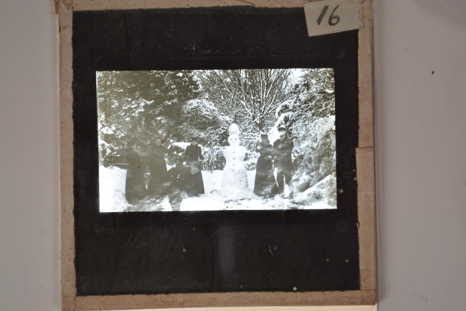 Group Snowman Winter Garden Snow Magic Lantern Slide c1900s