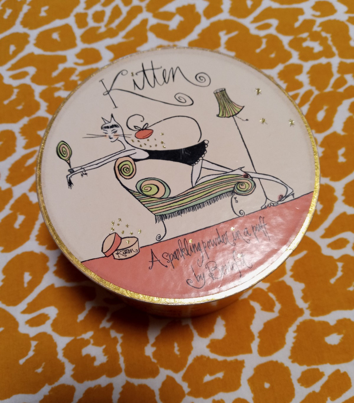 Vntg y2k Benefit Cosmetics Kitten sparkling powder puff box pink cosmetic box