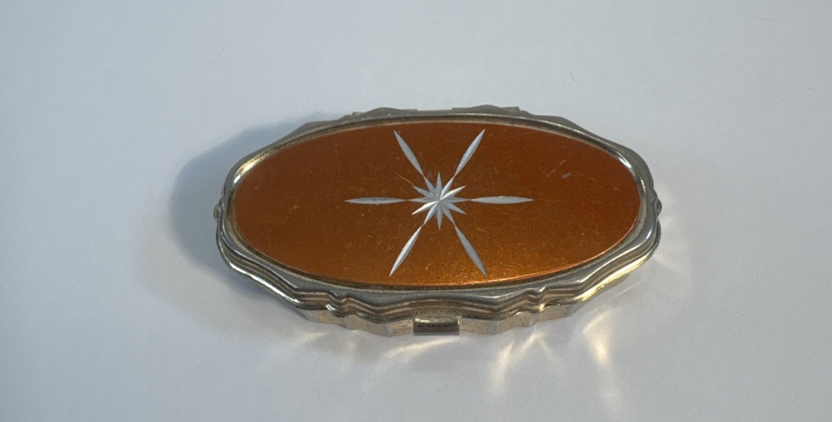 Vintage Marked Japan Starburst Pill Box Case Gold-Tone 🌟 Orange/Red