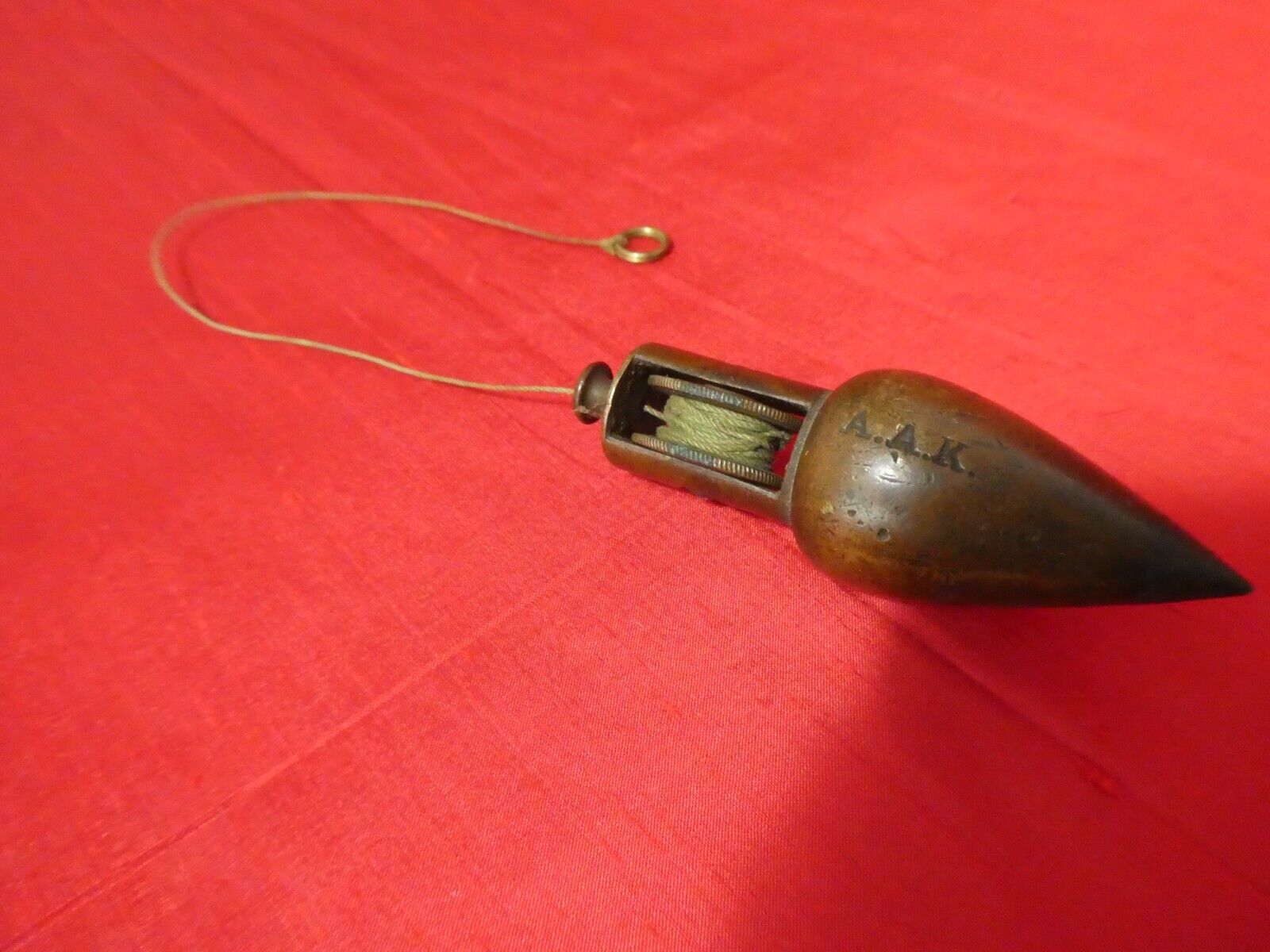 ANTIQUE SOLID BRASS PLUMB BOB with REEL & STRING A. A. K. pat 1874 WEIGHT 225 GR
