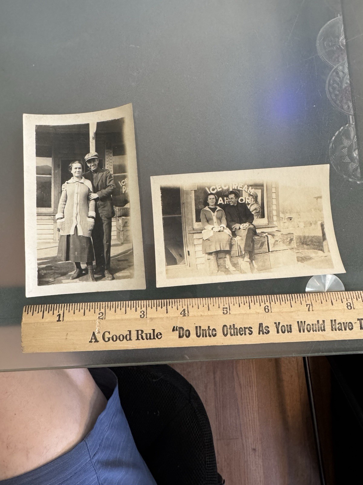 2x Vintage 1910s 1920s Photos Ice Cream Parlor Storefront Sign Carl Stroupe