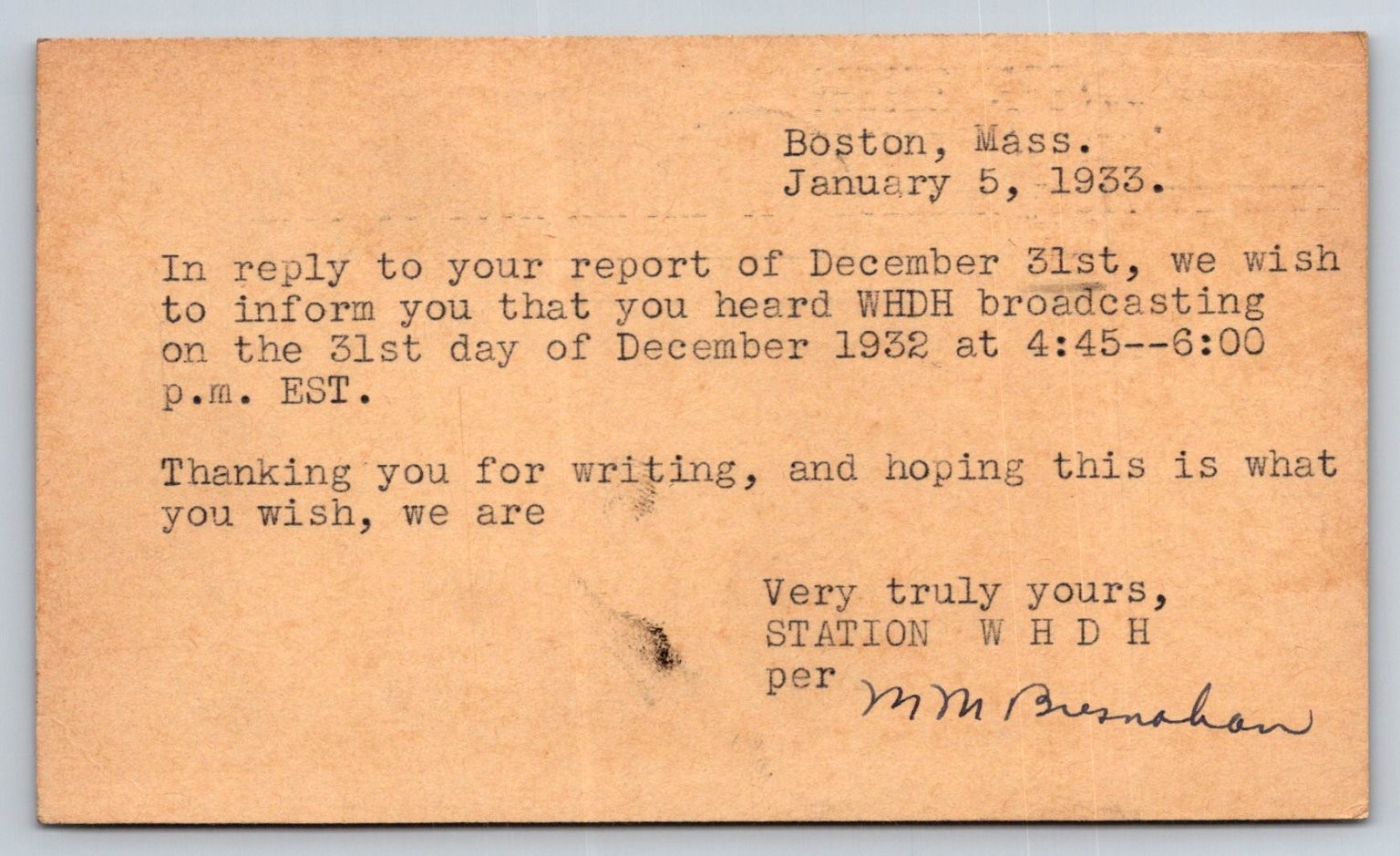 1933 WHDH Radio Boston Mass. Broadcast Verification Postcard, Jan 5, 1933