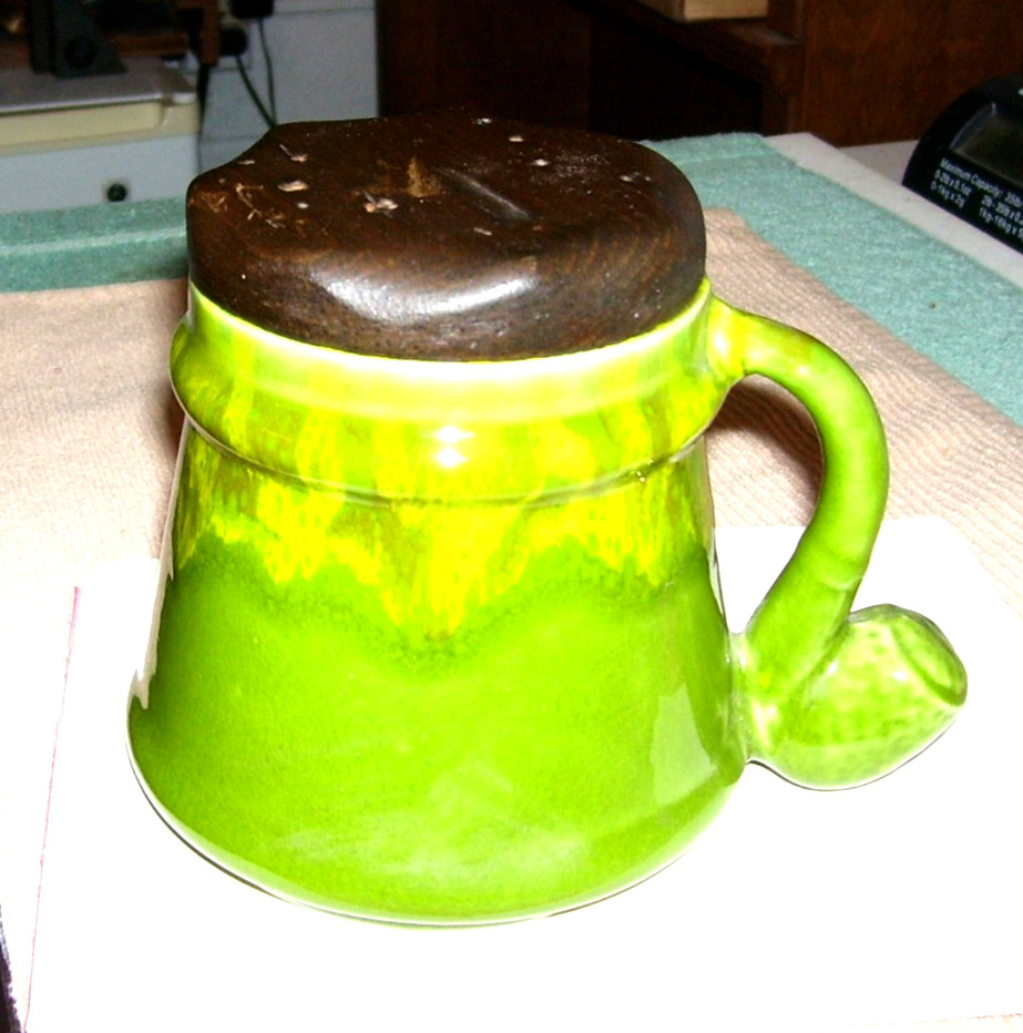 Vintage Aztec Stein Shaped Ceramic Humidor, Pipe Handle, Wooden Aztec Lid