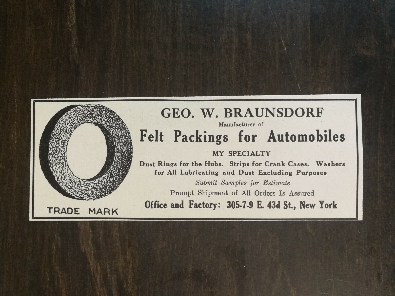 Vintage 1910 Felt Packings for Automobiles Geo W Braunsdorf Original Ad 1221