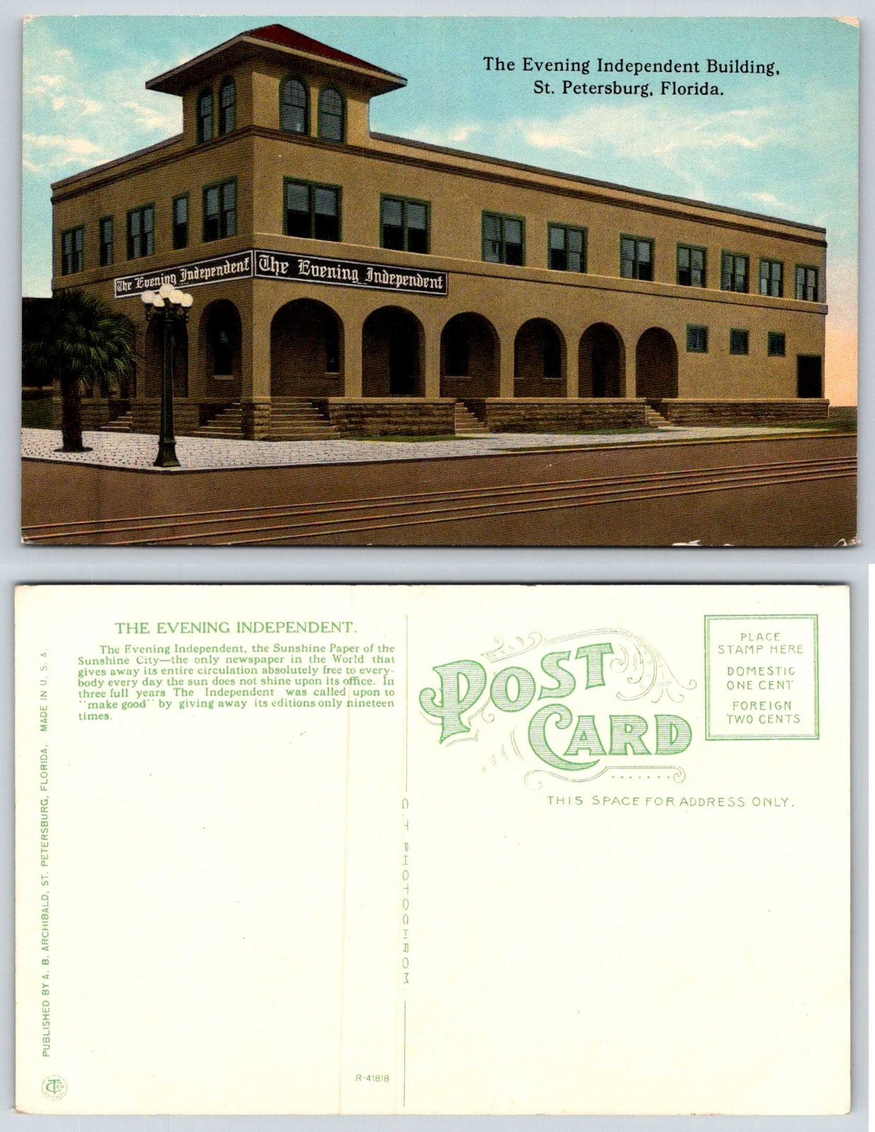 St Petersburg Florida Evening Independent Building Postcard AY188