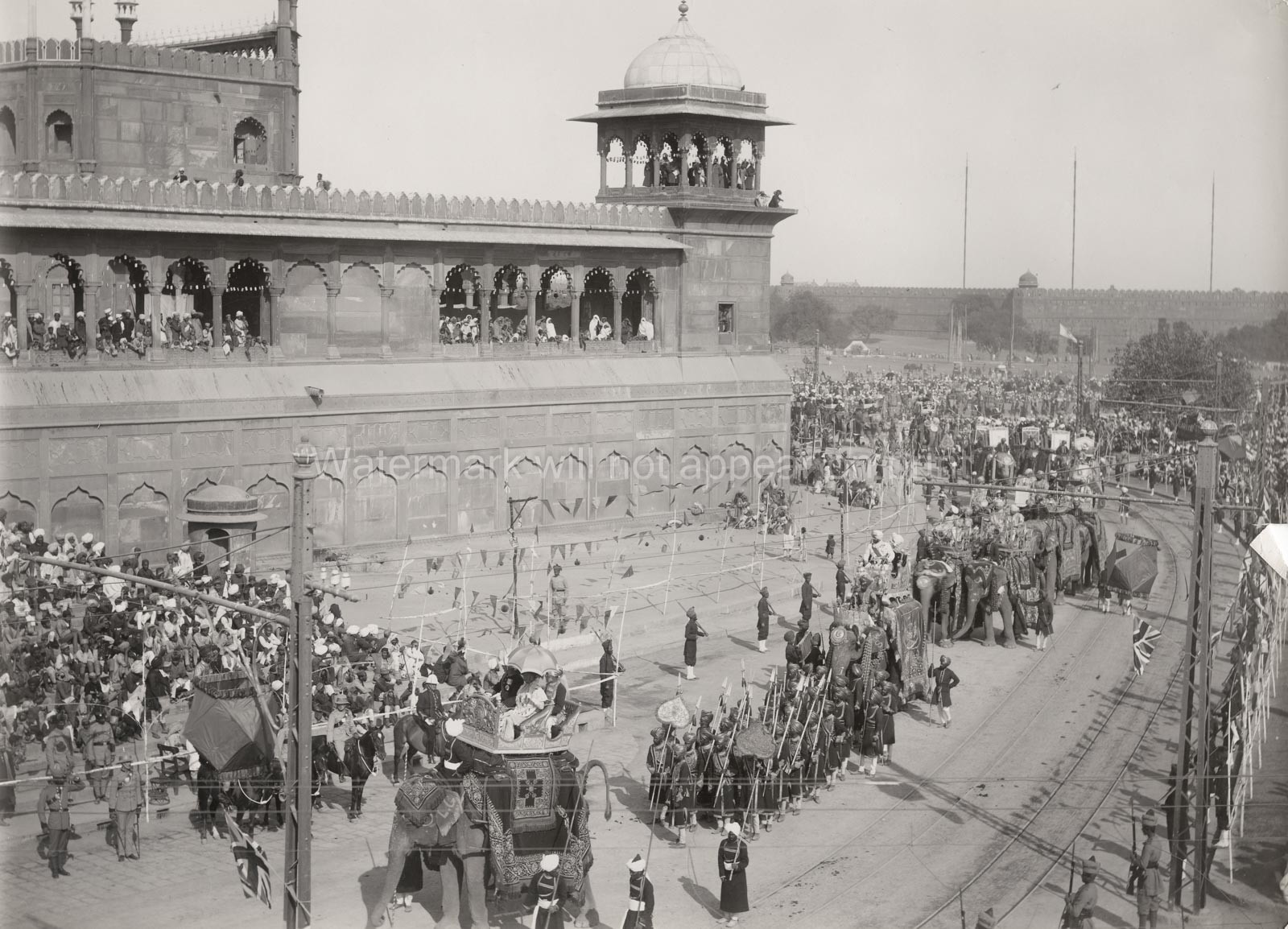 Delhi Durbar Royal Elephant Procession Parade Crowd India Vtg. Photo 19thC.