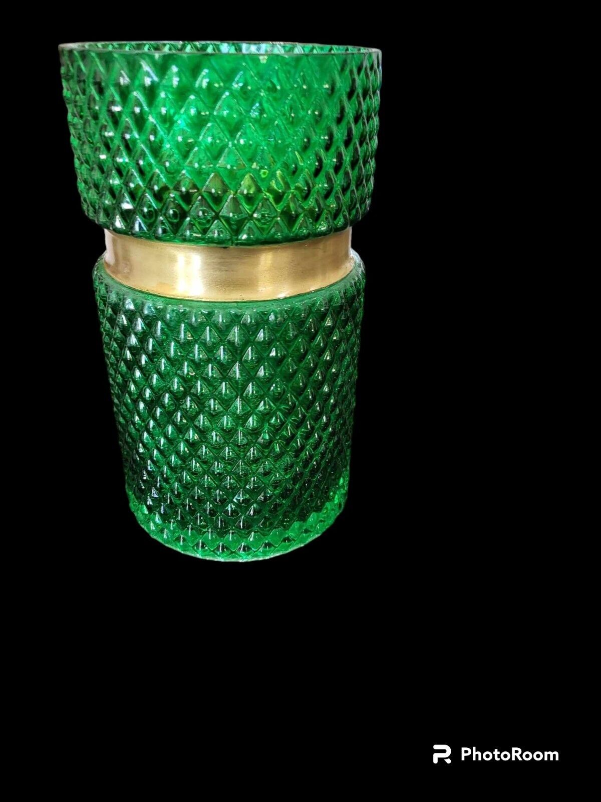 Vintage Green Glass Vase, Flashed Sawtooth Cut with Brass Band 8 by 4.5 inches