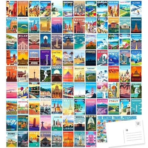 100 Vintage Travel Postcard Set, 4x6 World City Illustrations, Mailing Cards 100 Vintage Travel Postcard Set, 4x6 World City Illustrations, Mailing Cards