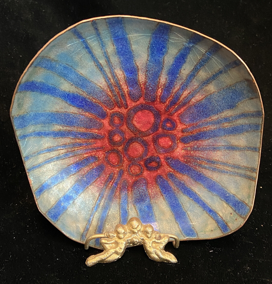 Mirrle Squires Enamel Copper Plate Volcano Atomic Fireworks Red Blue Mid Century Mirrle Squires Enamel Copper Plate Volcano Atomic Fireworks Red Blue Mid Century