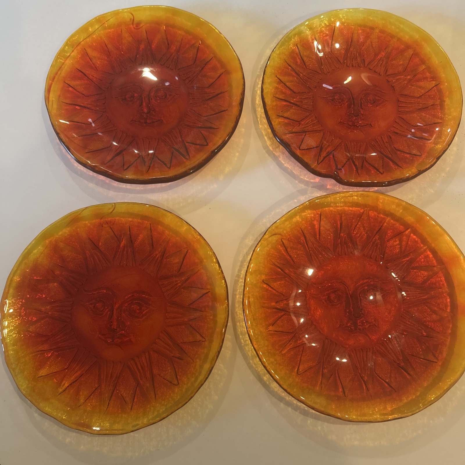 Vtg Amberina Sun Face Red Orange Art Glass Plates Blenko?