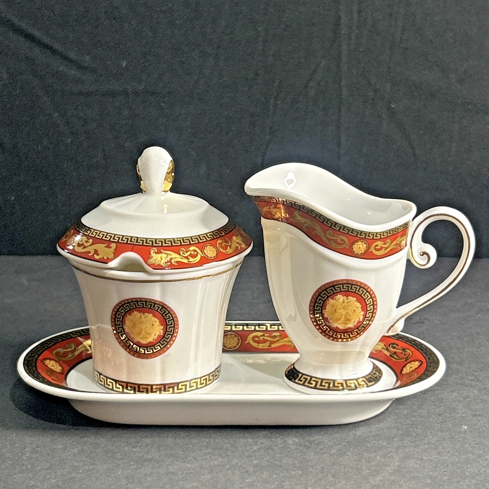 VINTAGE CASA ELITE “JUNO” 4-PC CREAM & SUGAR SET ~ Red & gold Medusa