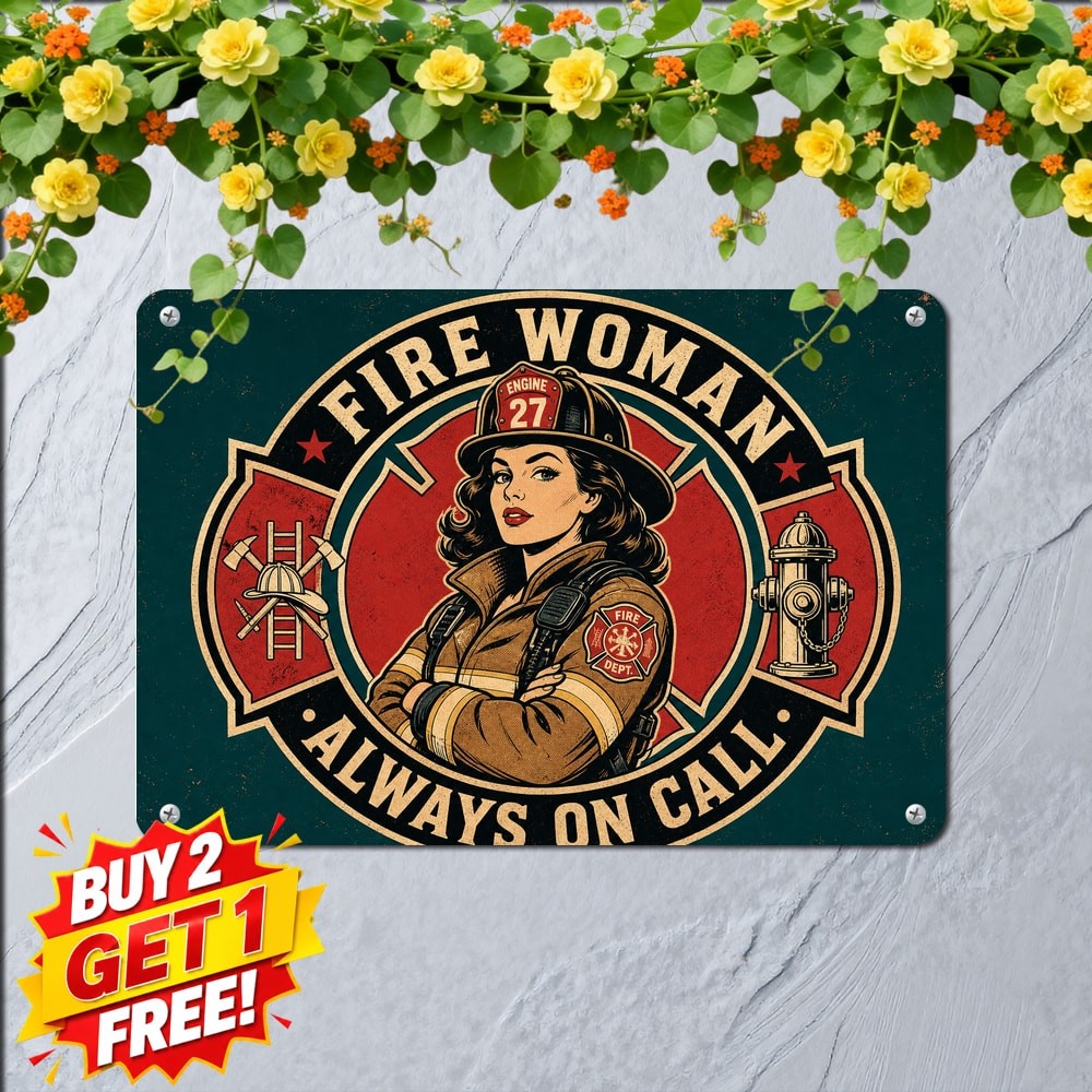 Round Female Firefighter On Duty Metal Sign Vintage Plaque Decor 8x12