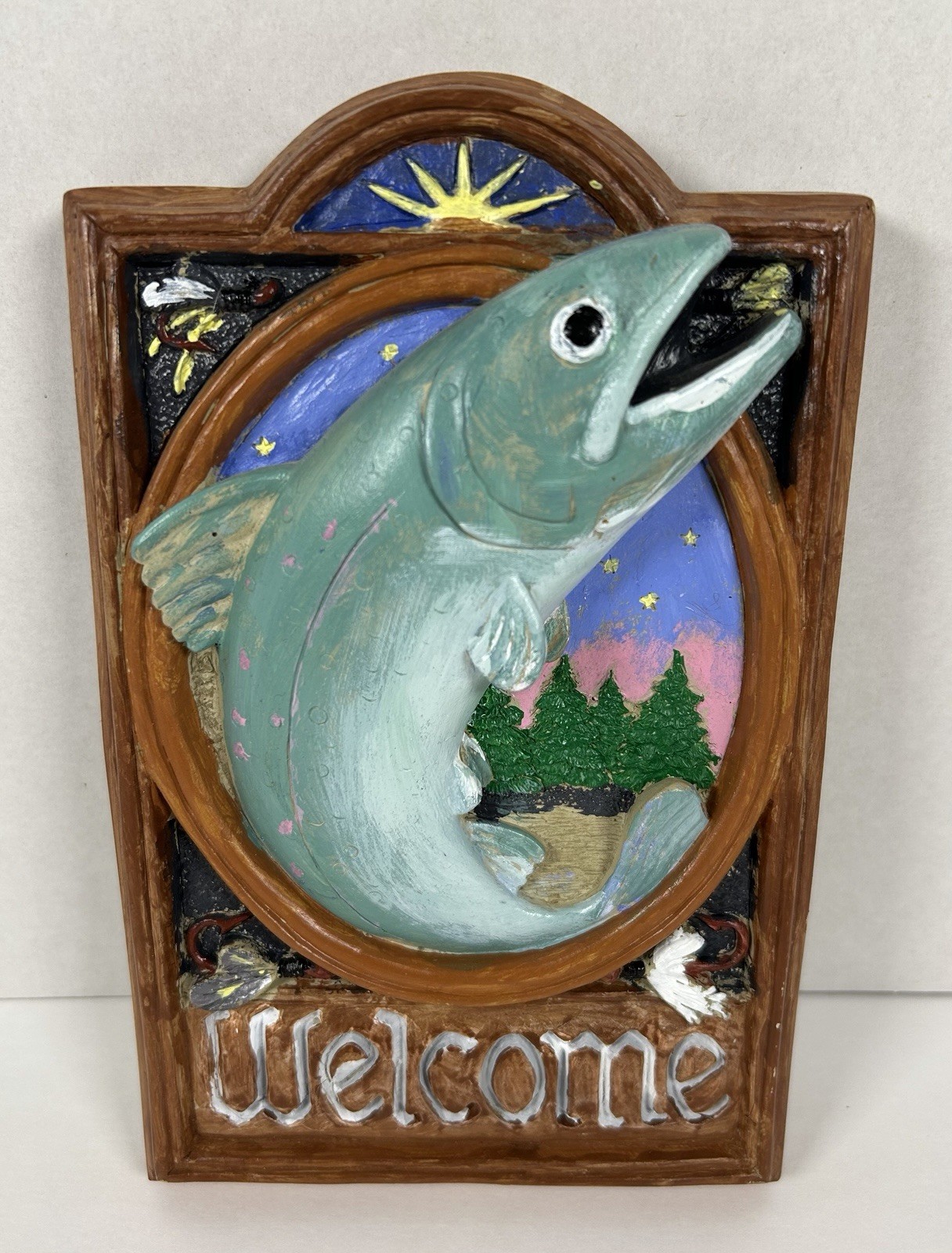 Stone Rainbow Trout Welcome Sign Wall Plaque Carruth Studios 1993 8.25\ Stone Rainbow Trout Welcome Sign Wall Plaque Carruth Studios 1993 8.25\