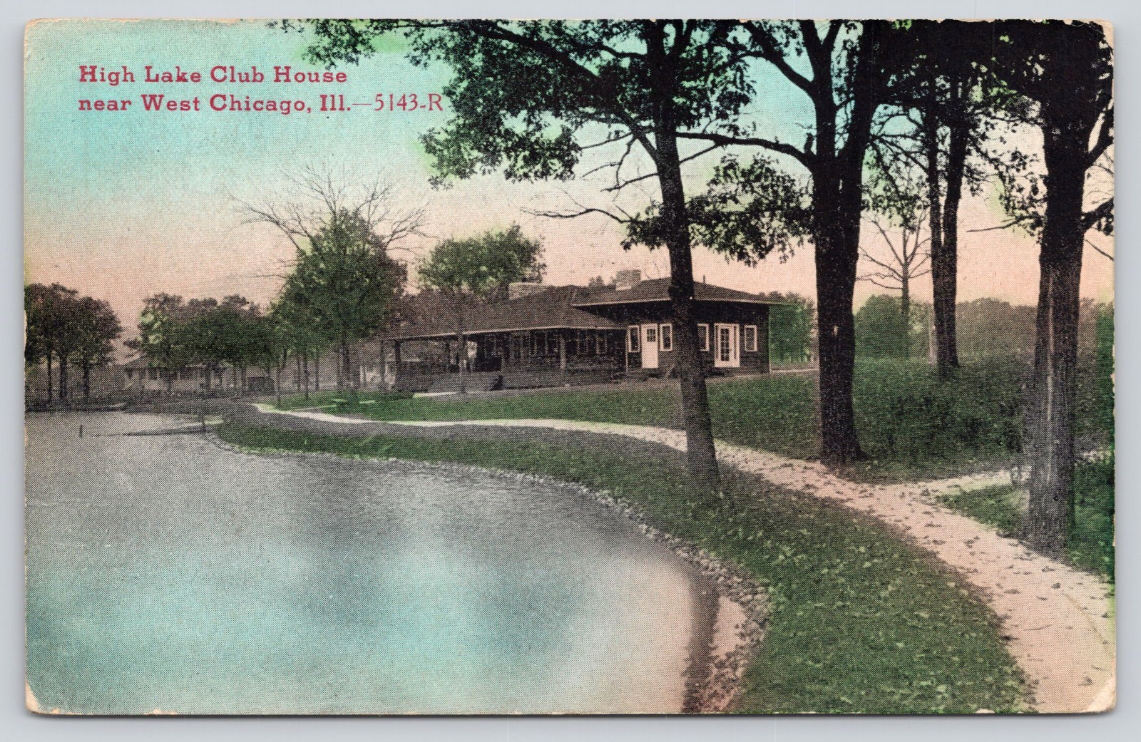High Lake Club House & Lake, West Chicago IL Illinois Postcard 1914