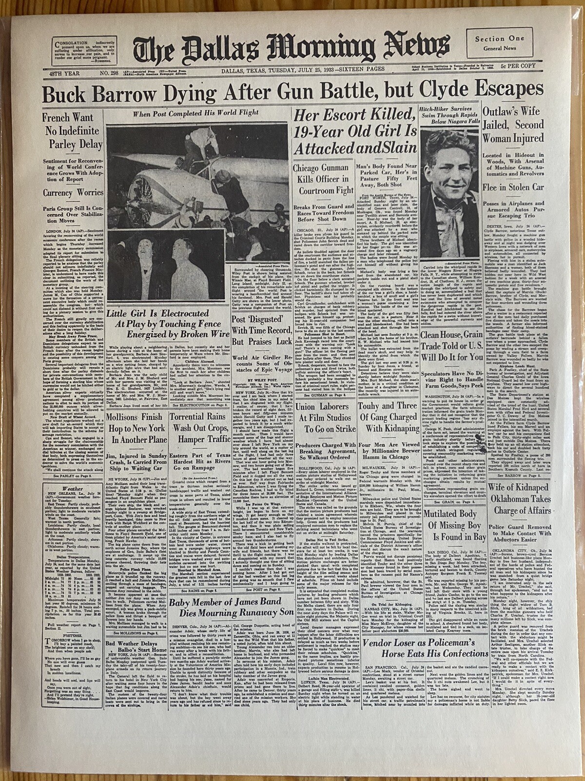 VINTAGE NEWSPAPER HEADLINE ~ROBBERS BONNIE  & CLYDE~ BUCK BARROW SHOT DEAD 1933