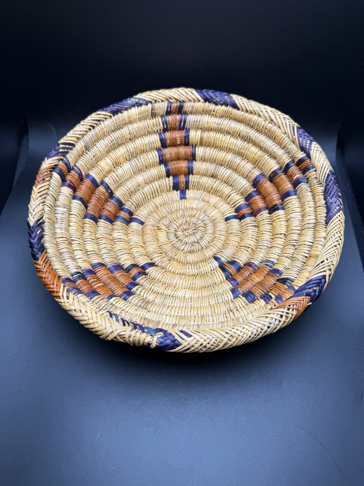 Vtg Moroccan Hand Woven Coil Bread Basket African 10”x3” Tribal Purple Orange