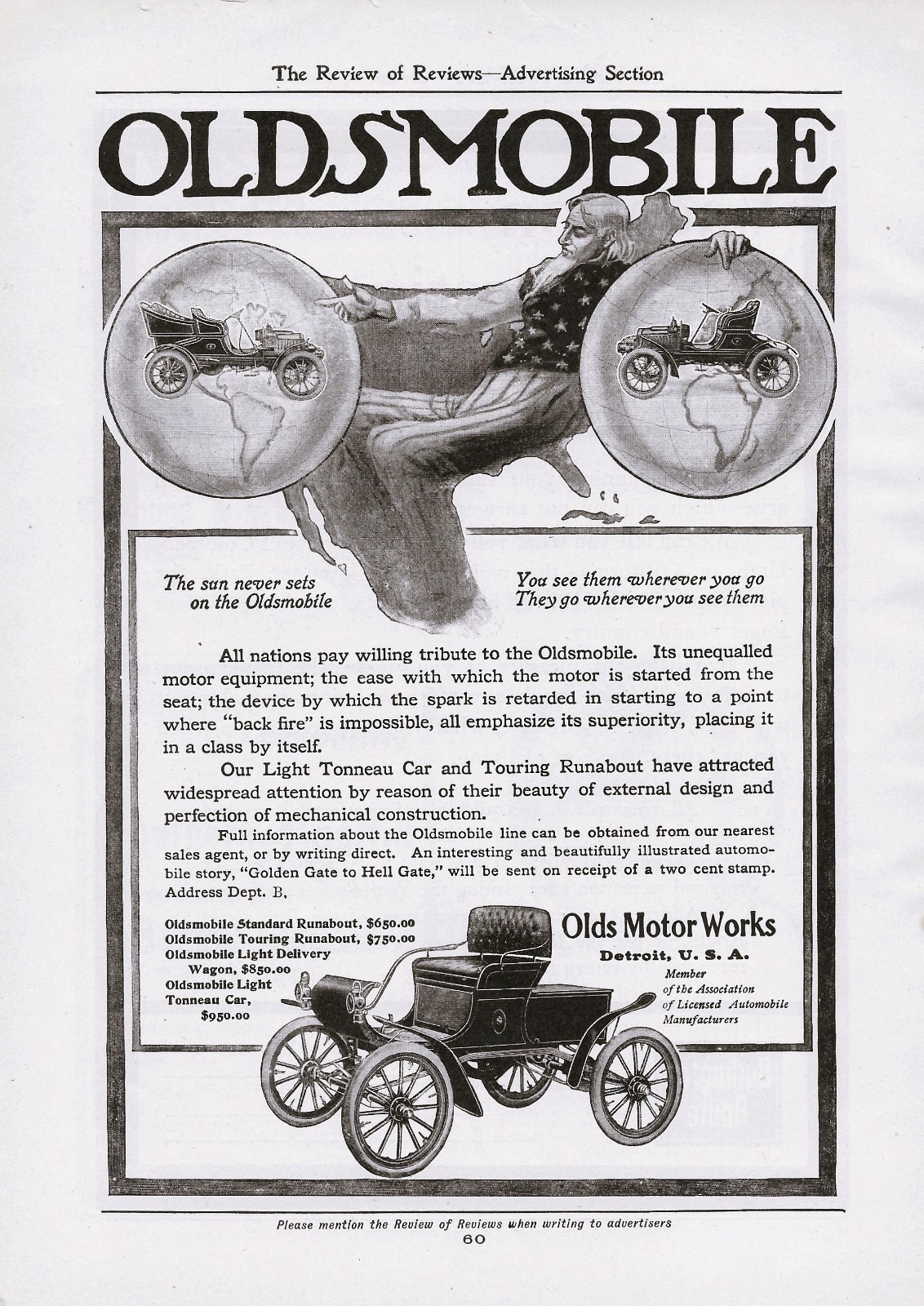 1904 Oldsmobile Auto Detroit USA Uncle Sam VTG Print Ad Runabout Tonneau Touring
