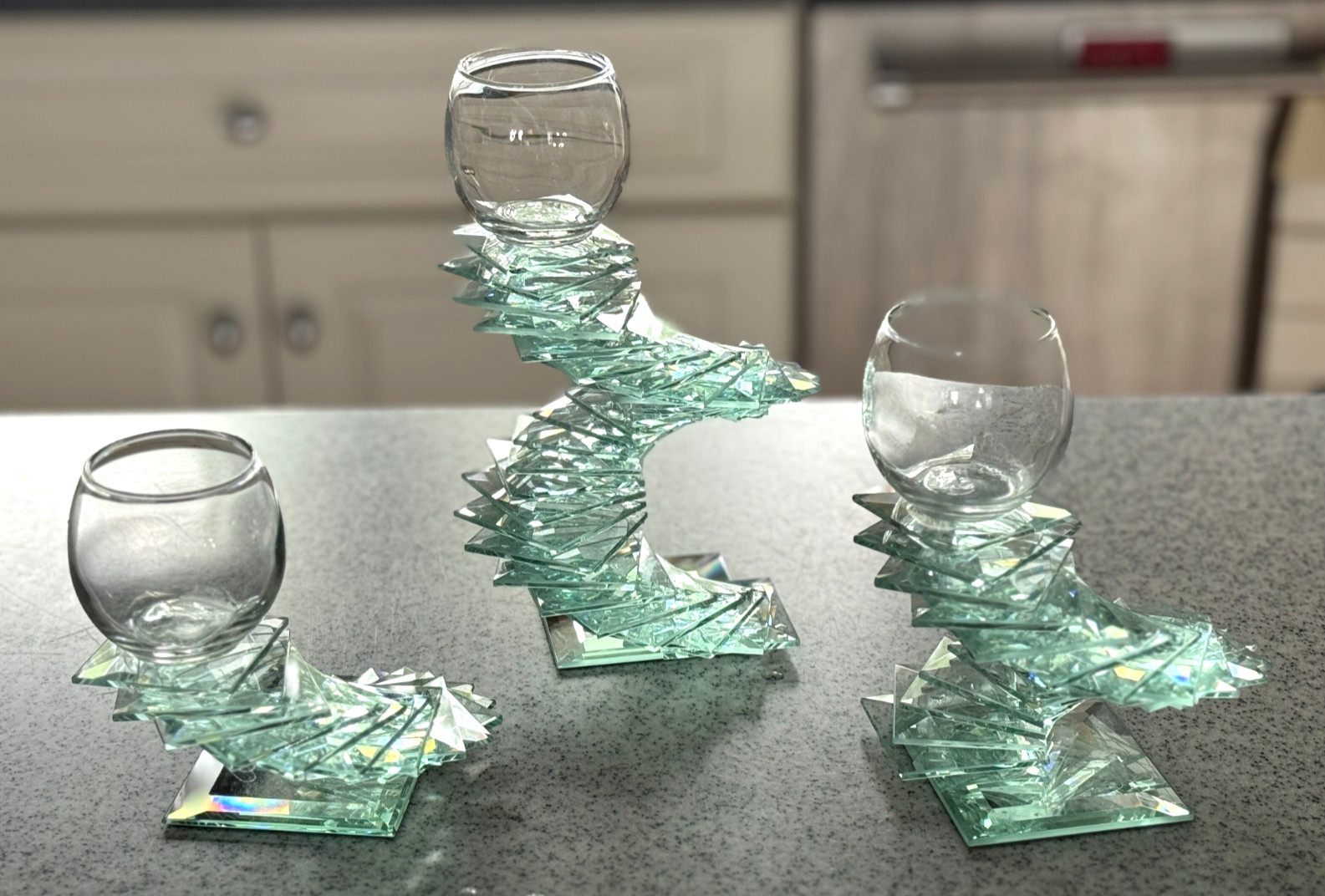 Vintage Art Glass Set 3 Votive Candle Holders Floating Glass Spiral Artist