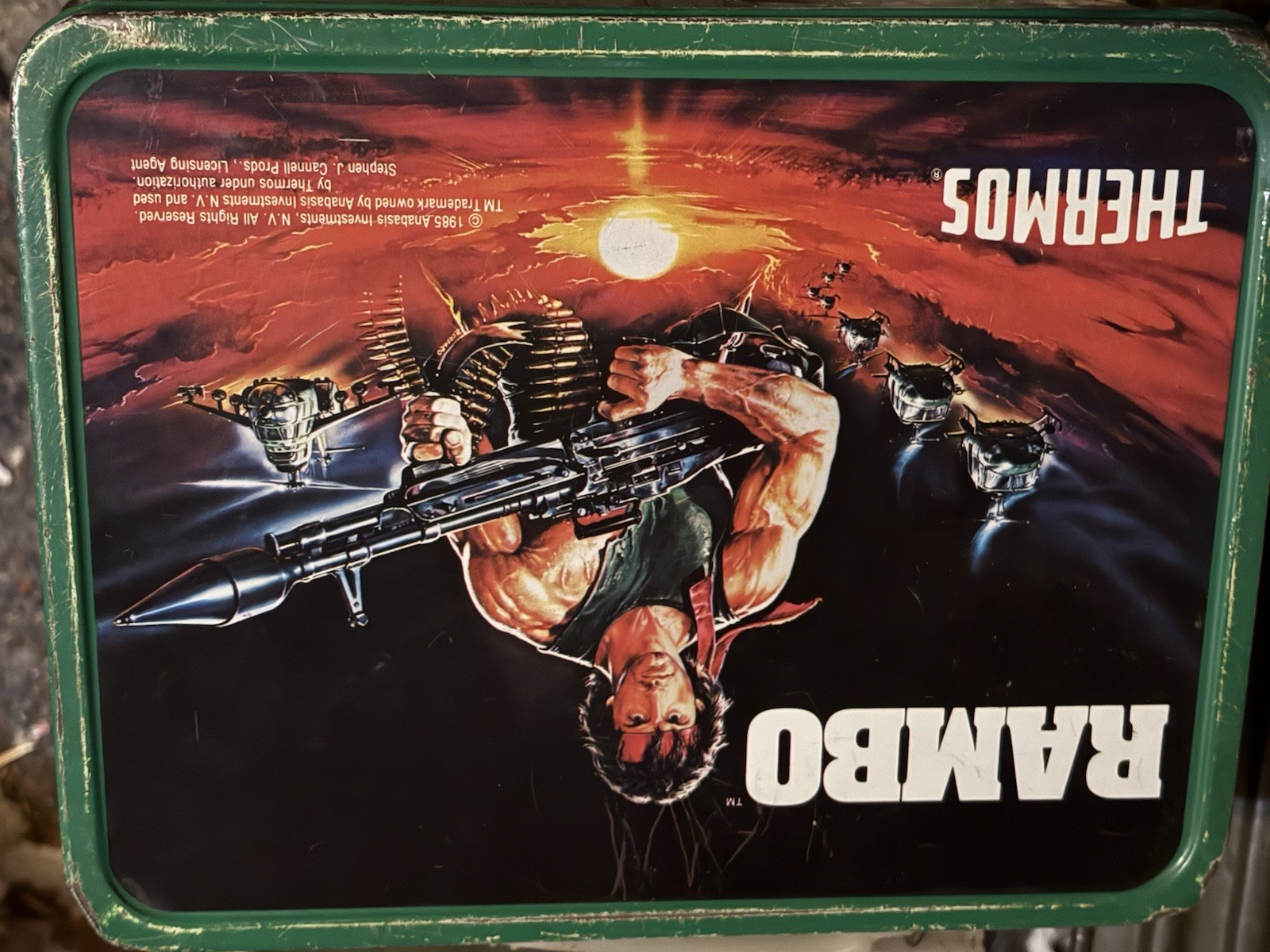 Vintage 1985 Rambo Metal Lunchbox Camouflage Green Sylvester Stallone