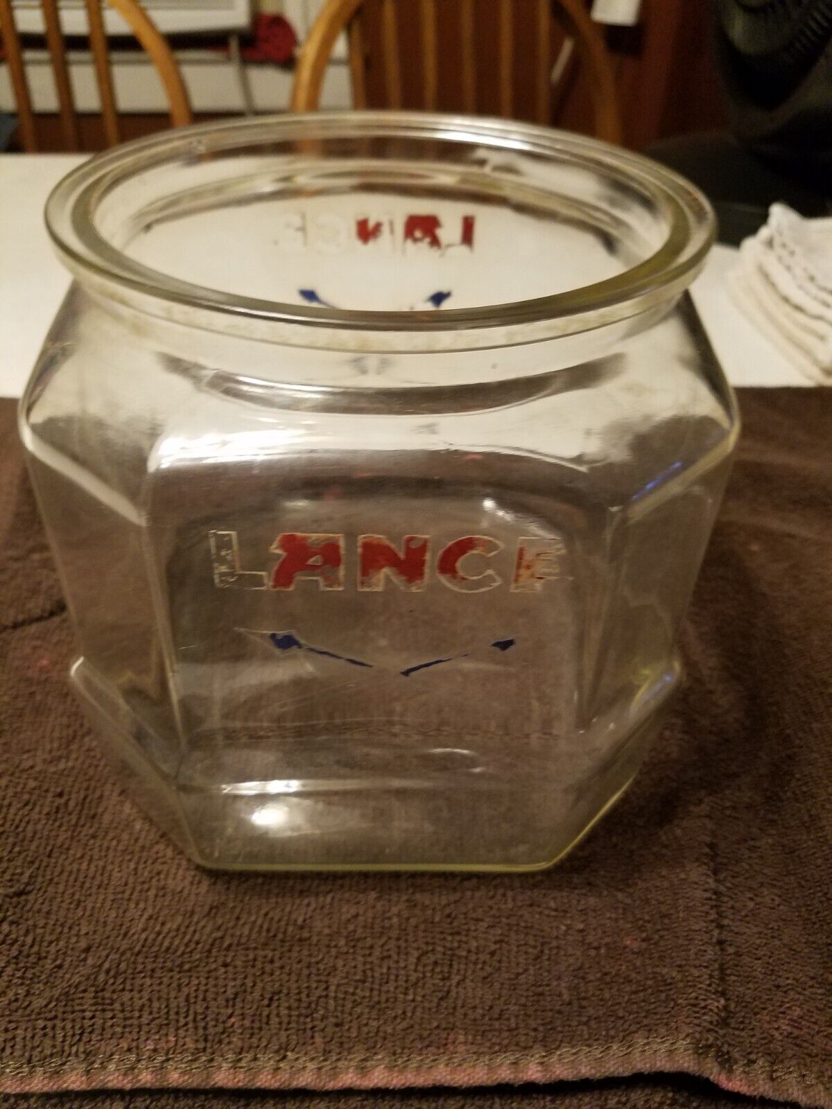 VINTAGE SMALL  LANCE COOKIE  CRACKER   8 SIDED GLASS JAR  COUNTRY STORE