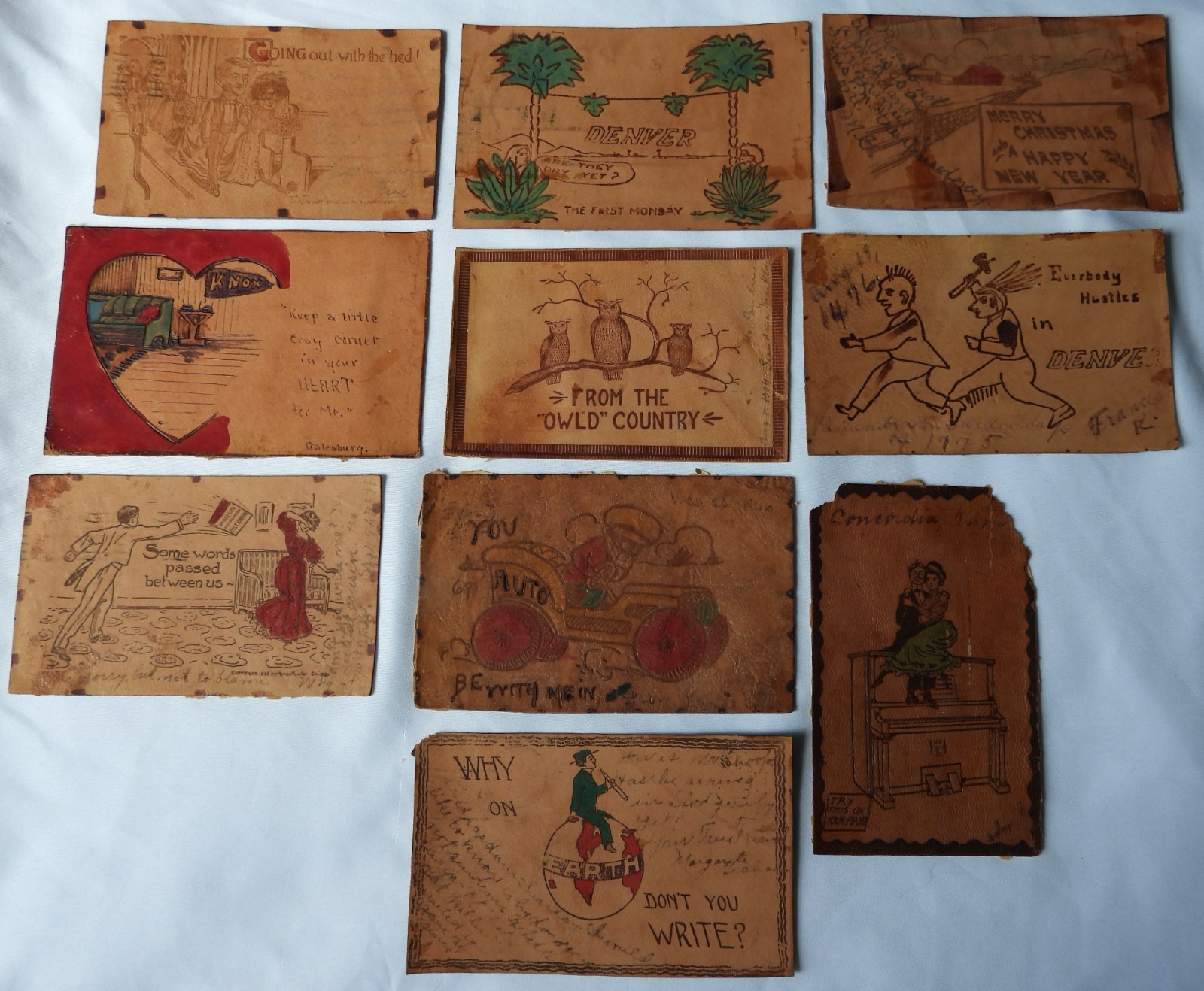LOT 10 Vtg 1900s 1910s Antique LEATHER POSTCARDS Greeting Humor Romance Denver