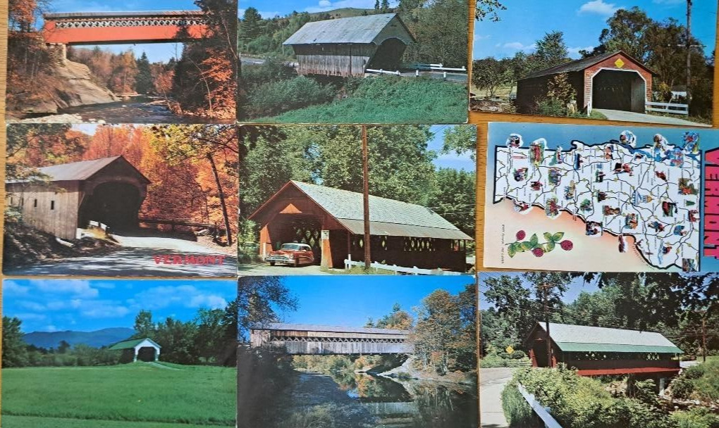 Lot of 9 Covered Bridges  VERMONT    Old  Postcards    VT State Map