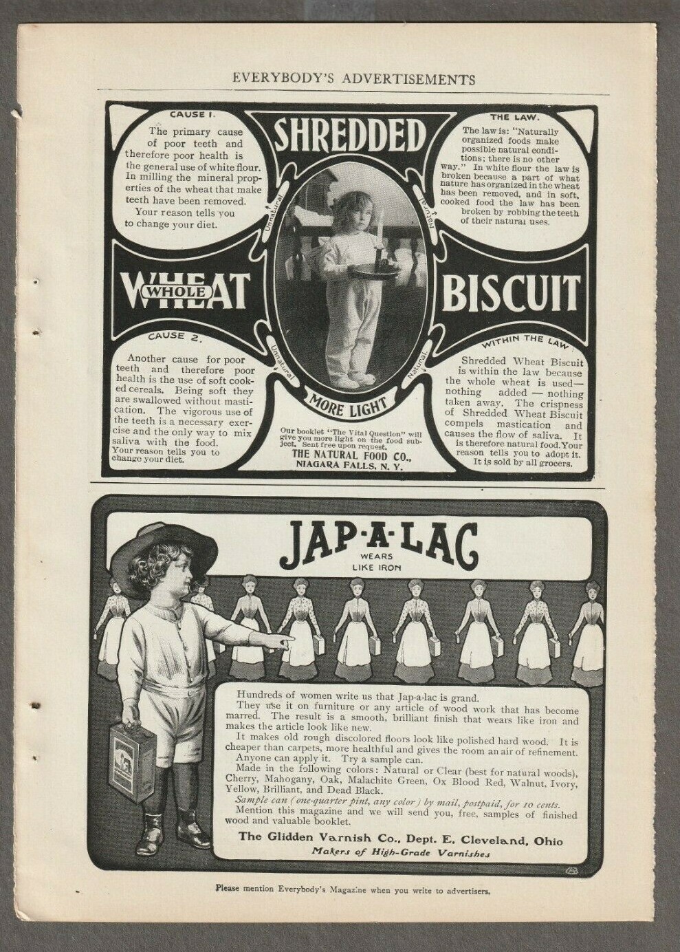1902 SHREDDED WHEAT Biscuit-MORE LIGHT Mag AD~JAP-A-LAC~PRIDE of THE WEST Muslin